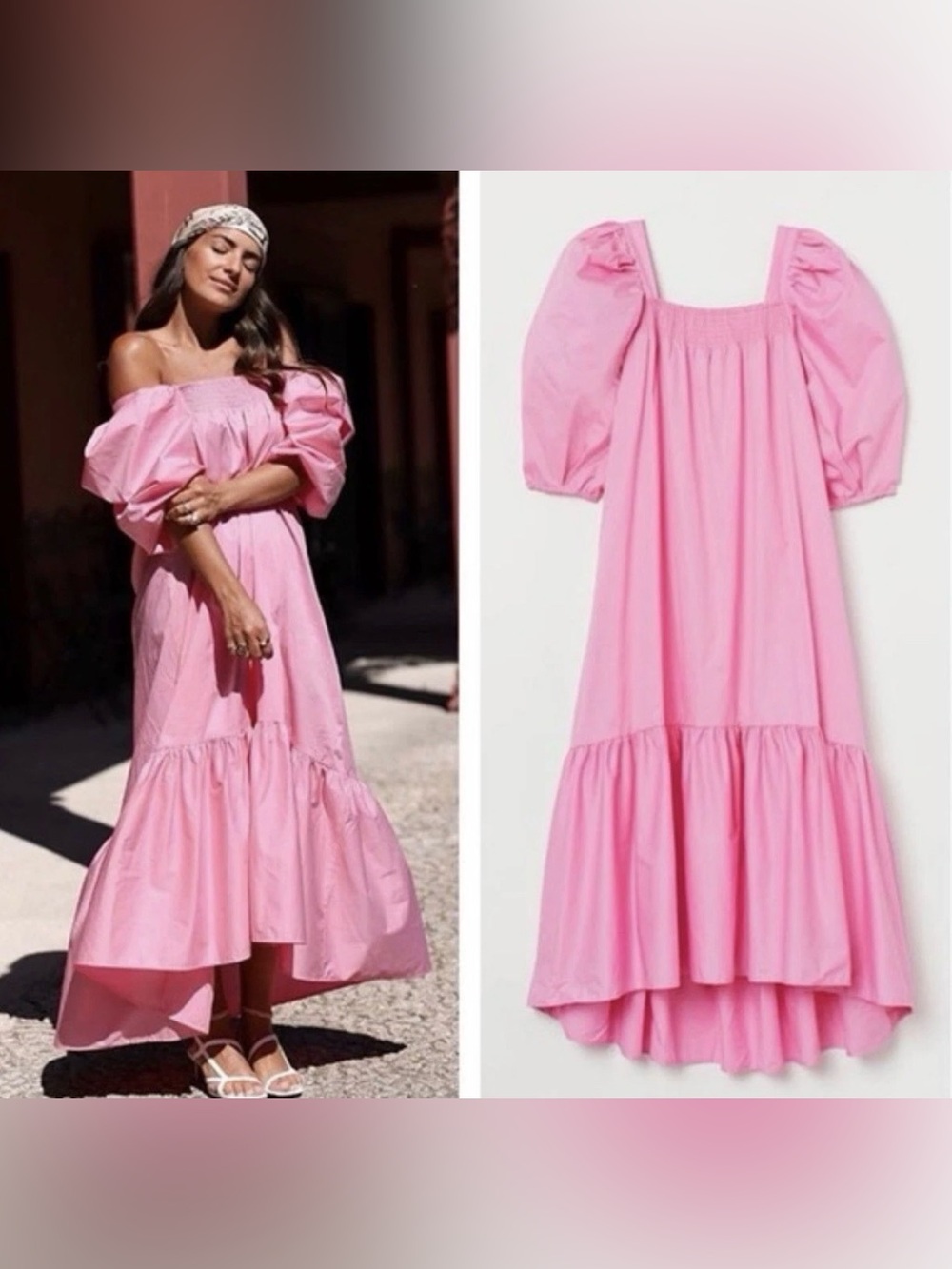 H&M Pink Puff-Sleeve High-Low Maxi Dress large